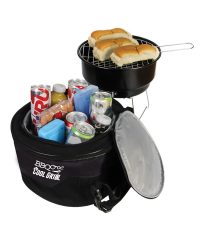 BBQ Croc COOL GRILL all-in-one cooler full of drinks and food and charcoal grill with buns heating on it on a white background