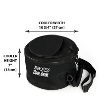 BBQCroc COOL GRILL 2-in-1 cooler and portable charcoal grill measurements of the cooler bag with the barbecue packed inside, height 7" (18 cm), width 10 3/4" (27 cm)