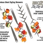 Four BBQ Croc Zig Zag Stainless Steel Skewers with food on the prongs of three of the skewers, on white background with descriptive text around the skewers.