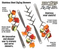 Four BBQ Croc Zig Zag Stainless Steel Skewers with food on the prongs of three of the skewers, on white background with descriptive text around the skewers.