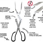 Image of specially designed scissors featuring cleaning grooves, beveled and serrated edges for secure hold, stainless steel rivets, oxidized aluminum for durability, and ergonomic, texturized handles.