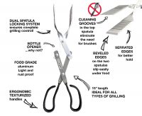 Image of specially designed scissors featuring cleaning grooves, beveled and serrated edges for secure hold, stainless steel rivets, oxidized aluminum for durability, and ergonomic, texturized handles.