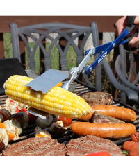 A person uses a BBQ Croc 18-inch tongs, dual spatula tool, to grill corn and meat and. 