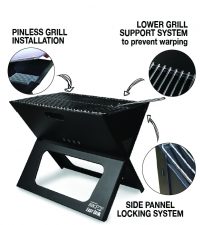 BBQ Croc Foldable charcoal X-style grill assembled with three features expanded in circles with text describing them, all on a white background. 