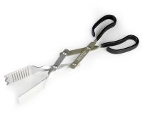 Scissor-style BBQ Croc 3-in-1 barbecue tool for the grill with black handles, green shaft and a silver serrated gripping edge, on a white background