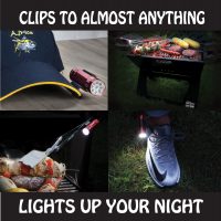 Four BBQ Croc Clip-on Flashlight images showing it clips to almost anything and illuminates very well. Light attached to the brim of a blue baseball hat, attached to a the BBQ Croc EASY GRILL grill lifter, BBQ Croc 21-inch tongs with light holding a chicken skewer and light attached to a running shoe illuminating the ground in front of the foot.