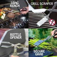 A mosaic of four photos showing the features of the BBQ Croc 15-inch barbecue tool, in the top left photo a person shows how the tools long reach keeps a persons hands from the heat, top right shows the tool scraping the grill clean, bottom left shows the bottle opener and bottom right shows the secure grab by holding asparagus.