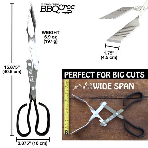 BBQ Croc 15-inch barbecue tongs for the grill with its dimensions and showcasing how wide the tool opens making it perfect for big cuts.