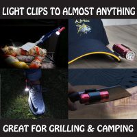 Photo collage of four BBQ Croc Clip-on Flashlight uses with text along the top saying, Light clips to almost anything, and text along the bottom, Great for grilling & camping: The 4 photos are: Top left - BBQ Croc 18-inch with light holding a chicken skewer illuminated by the light. Top right - Light attached to the brim of a blue baseball hat. Bottom left - light attached to a running shoe illuminating the ground in front of the foot. Bottom right - clip-on light attached to a knife, illuminating the cutting surface.