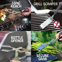 Photo collage of four BBQ Croc 15-inch barbecue tool uses: Top left - flipping food on grill, labeled Long Reach. Top right - cleaning grill grate, labeled Grill Scraper. Bottom left - opening a bottle, labeled Bottle Opener. Bottom right - holding asparagus, labeled Secure Grab.