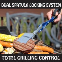 A person uses a dual spatula locking system to grill food, including a BURGER, sausages, and vegetables, on an outdoor grill. The text reads Dual Spatula Locking System and Total Grilling Control. The background shows greenery.