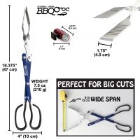 Image of BBQ Croc 18-inch barbecue grill tongs with light with all the important measurements highlighting how wide the tongs open and stating they are perfect for big cuts.