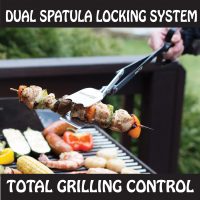 A person uses a BBQ Croc tongs with dual spatula locking system to grill food, including a chicken skewers, sausages, and vegetables, on an outdoor grill. The text reads Dual Spatula Locking System and Total Grilling Control. The background shows greenery.