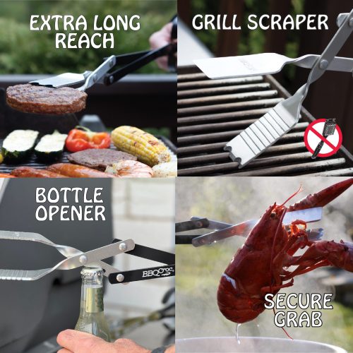 Photo collage of four BBQ Croc 21-inch barbecue tool uses: Top left - flipping a burger on grill, labeled Extra Long Reach. Top right - cleaning grill grates, labeled Grill Scraper. Bottom left - opening a bottle, labeled Bottle Opener. Bottom right - holding a huge lobster, labeled Secure Grab.