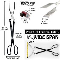 Image of BBQ Croc 21-inch grill tongs with light with all the important measurements highlighting how wide the tongs open and stating they are perfect for big cuts.