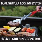 A person uses a dual spatula locking system to grill food, including a steak, sausages, and vegetables, on an outdoor grill. The text reads Dual Spatula Locking System and Total Grilling Control. The background shows greenery.