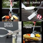 Photo collage of four BBQ Croc 26-inch extra long barbecue tool uses: Top left - holding a sausage over a grill, labeled Extra Long Reach. Top right - cleaning grill grates, labeled Grill Scraper. Bottom left - opening a bottle, labeled Bottle Opener. Bottom right - holding an ear of corn over a grill, labeled Secure Grab.