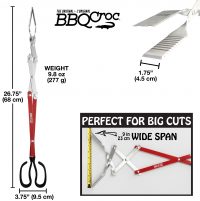 Image of BBQ Croc 26-inch grill tongs with all the important measurements highlighting how wide the tongs open and stating they are perfect for big cuts.