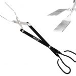 Image of specially designed scissors system barbecue tongs featuring cleaning grooves, beveled and serrated edges for secure hold, stainless steel rivets, oxidized aluminum for durability, and ergonomic, texturized handles.