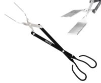 Image of specially designed scissors system barbecue tongs featuring cleaning grooves, beveled and serrated edges for secure hold, stainless steel rivets, oxidized aluminum for durability, and ergonomic, texturized handles.