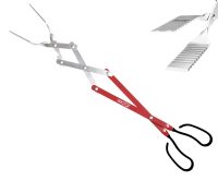 Image of specially designed scissors system barbecue tongs featuring cleaning grooves, beveled and serrated edges for secure hold, stainless steel rivets, oxidized aluminum for durability, and ergonomic, texturized handles.