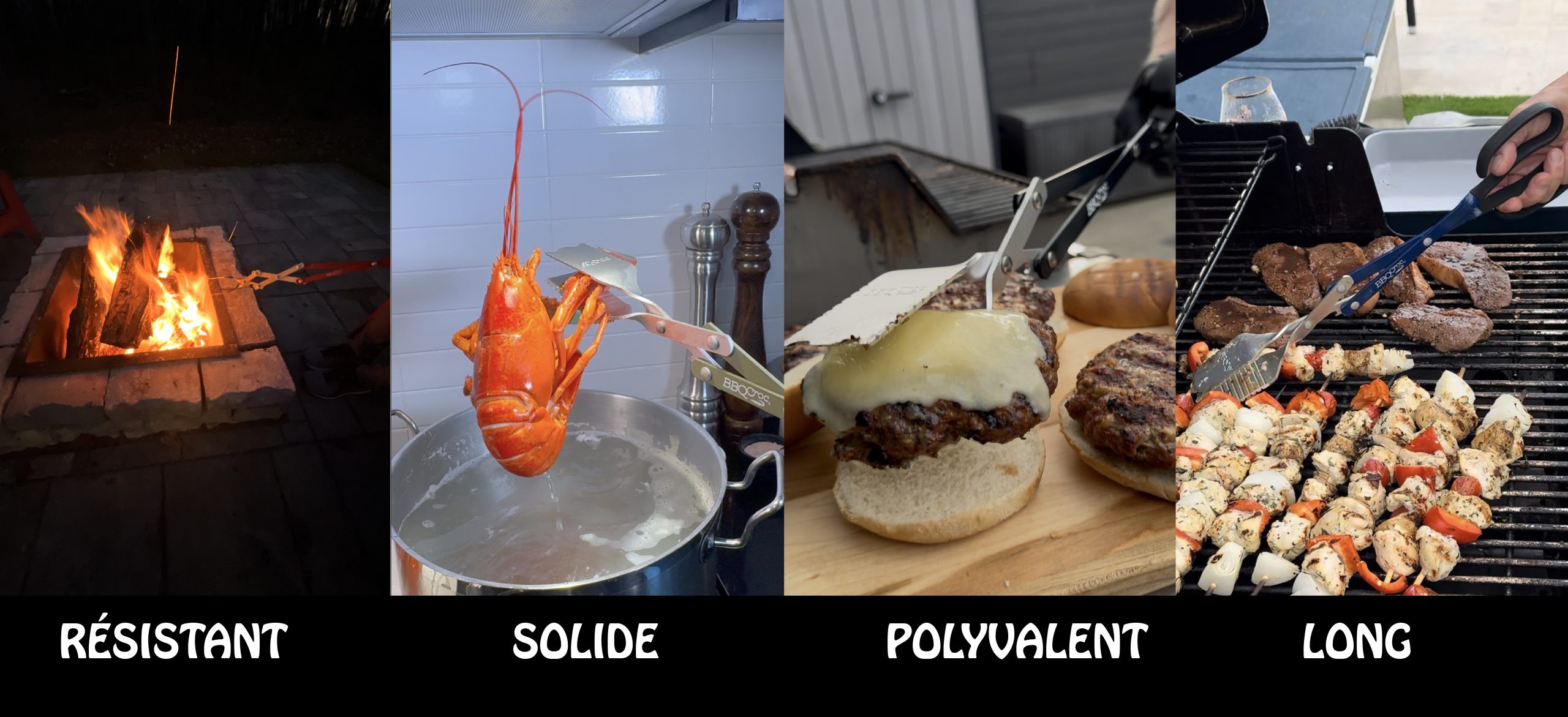 Four images of the BBQ Croc tongs grabbing logs in a fire, lifting a lobster, holding a cheese burger and turning skewers